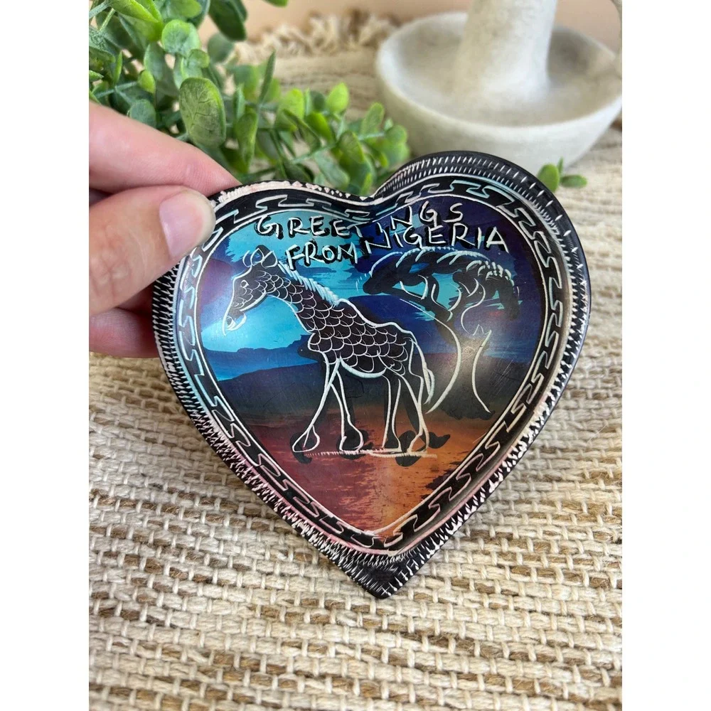 Handmade Greetings From Nigeria Heart Soapstone Giraffe Trinket Dish Hand Carved